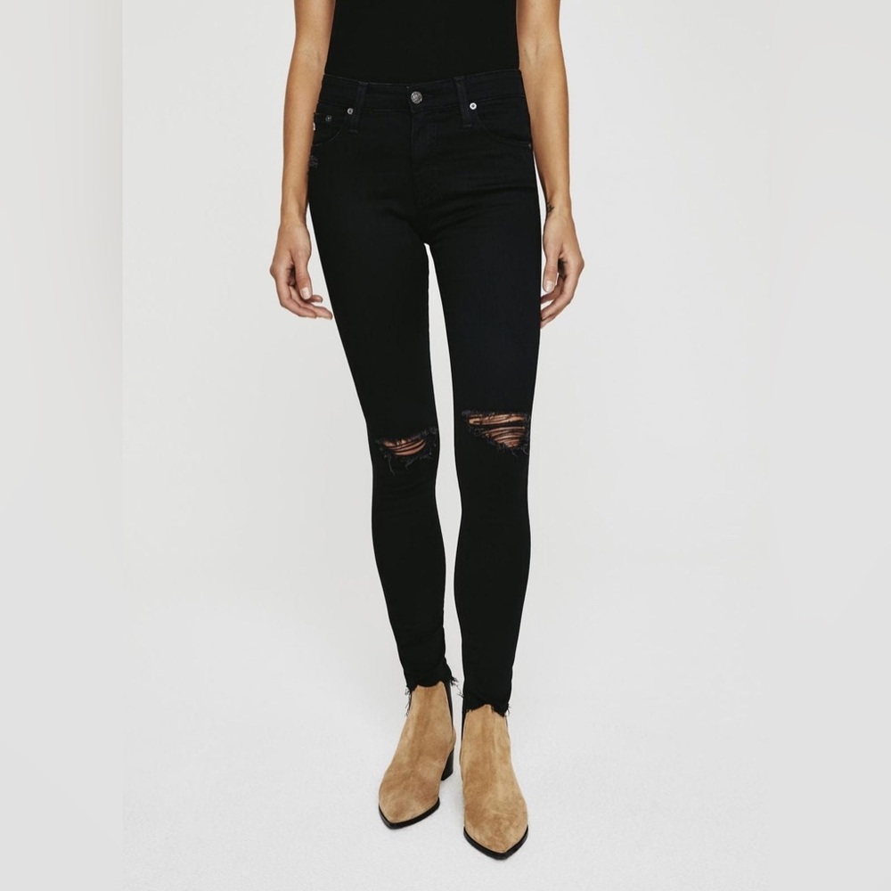 AG Farrah Skinny Ankle Midnight Black Destruct